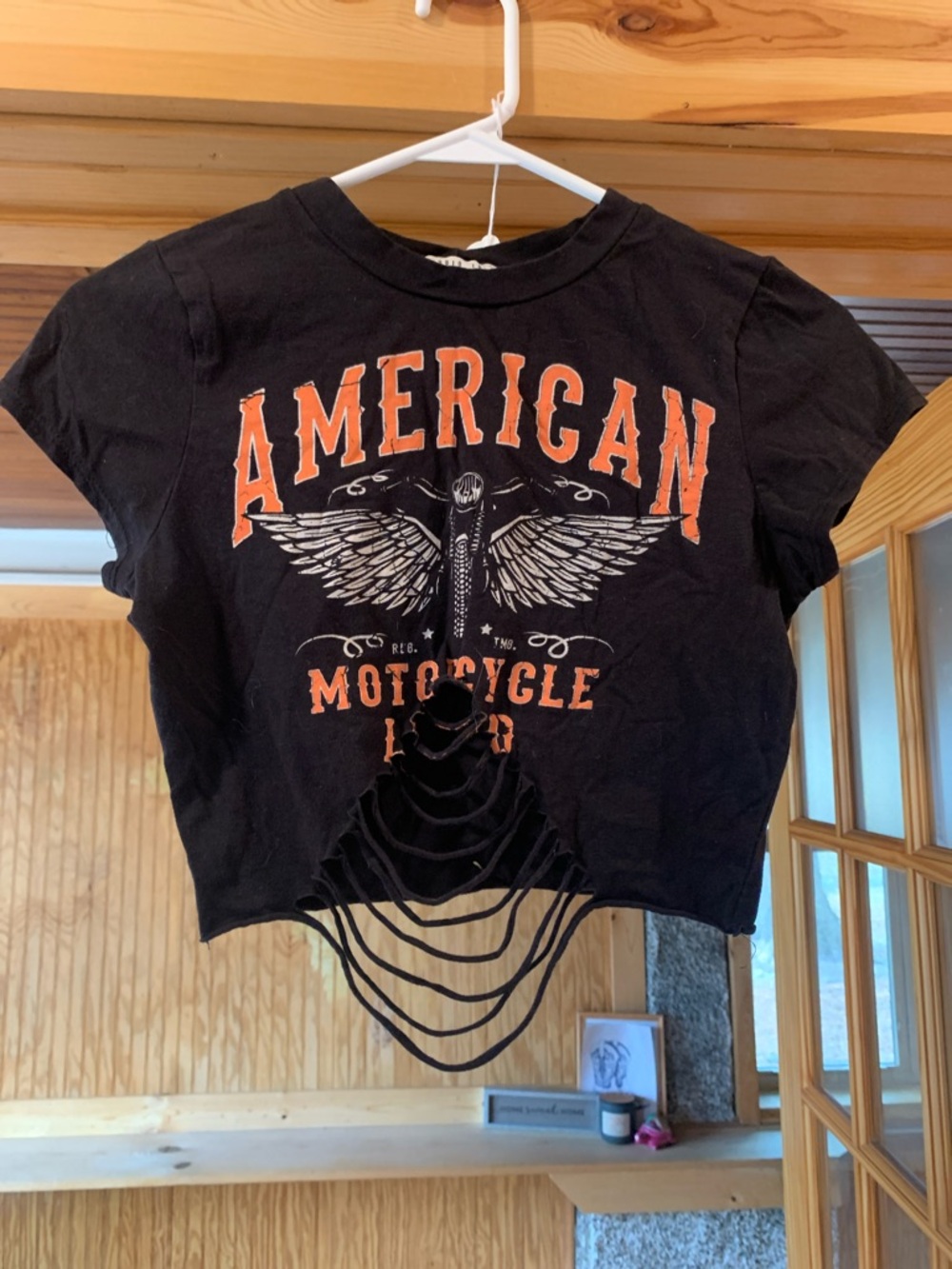Women's Studio 1011 Motorcycle Graphic Print Cut Out Baby Crop Tee T-shirt M
